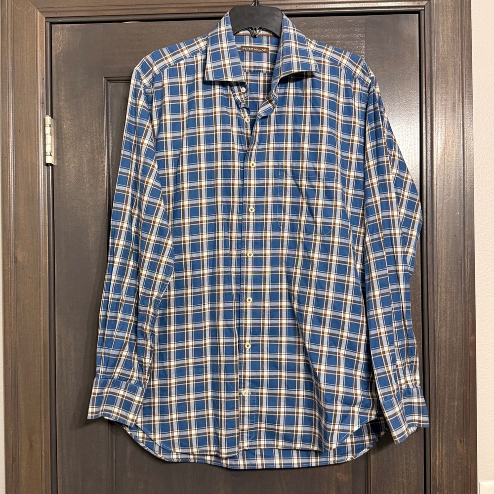 Peter Millar Men's Large Blue Brown Plaid‎ Button Down Shirt Long Sleeve L